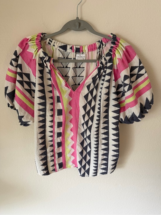 Velvet Tops - Velvet Pink, Black & Lime Tribal Puff Sleeve Top